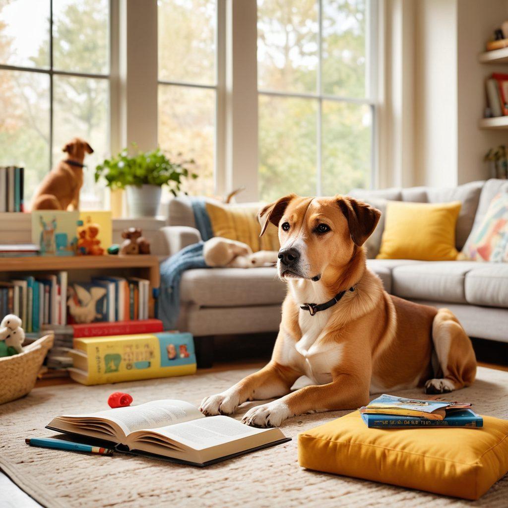 A cheerful dog sitting in a cozy living room surrounded by training tools, toys, and a stack of dog care books. In the background, a window shows a sunny outdoor space with a dog park. Include a thoughtful human figure interacting with the dog, symbolizing the bond between pets and their owners. Soft colors and warm lighting create an inviting atmosphere, ideal for dog lovers. super-realistic. warm tones. vibrant colors.