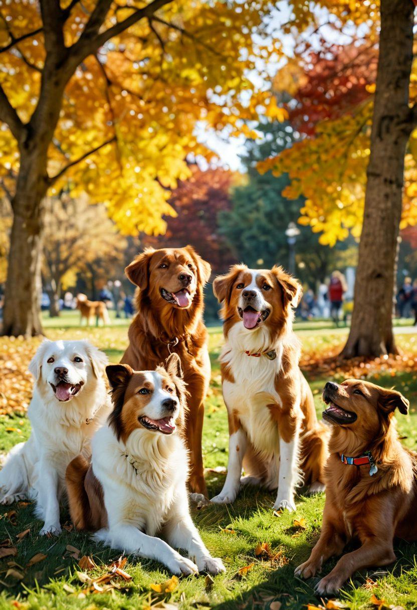 A cozy, sunlit park scene filled with various happy dogs of different breeds playing together, their owners smiling and sharing heartwarming moments. Surrounding them are autumn leaves and soft grass, creating a warm, inviting atmosphere. In the background, a gentle breeze rustles the trees, symbolizing community and connection. The scene should evoke feelings of love, friendship, and joy. vibrant colors. super-realistic.