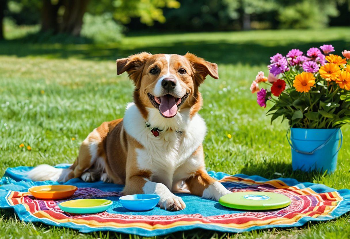 A joyful dog playing with a frisbee in a sunny park, surrounded by lush green grass and colorful flowers. Include a pet owner sitting on a picnic blanket, smiling while reading a pet care booklet. In the background, playful puppies are chasing each other, and a serene pond reflects the blue sky. The scene conveys a sense of happiness and vitality in dog care. vibrant colors. super-realistic.